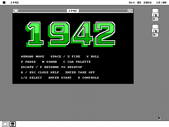 The 1942 window showing the controls under the logo: Arrows Move, Space / Z Fire, X Roll, P Pause, M Sound, C CGA Palette, Escape / F Returns to Desktop, H / Esc Close Help, Enter Take Off.