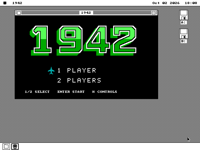 The 1942 window on the os8088 desktop: 1942 in large green outlined digits on black, then 1 Player with a small plane beside it, 2 Players, and the line 1/2 Select, Enter Start, H Controls.