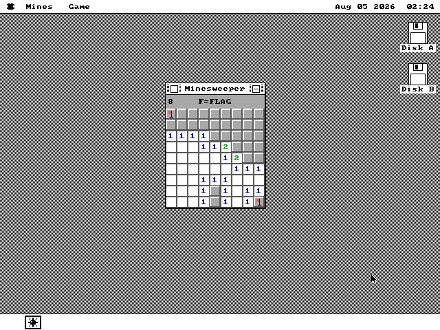 A window titled Minesweeper showing a nine by nine grid of raised gray cells. A large region has been revealed as flat white squares carrying blue and green digit counts, and two red flags are planted at the top left and bottom right. A status strip above the board reads 8 and F equals FLAG.