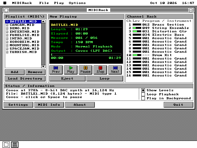 The MIDIRack window on VGA starting a song, its Now Playing display reading output Covox (LPT DAC) and its status line Covox at 378h, 8-bit DAC synth at 16,124 Hz.