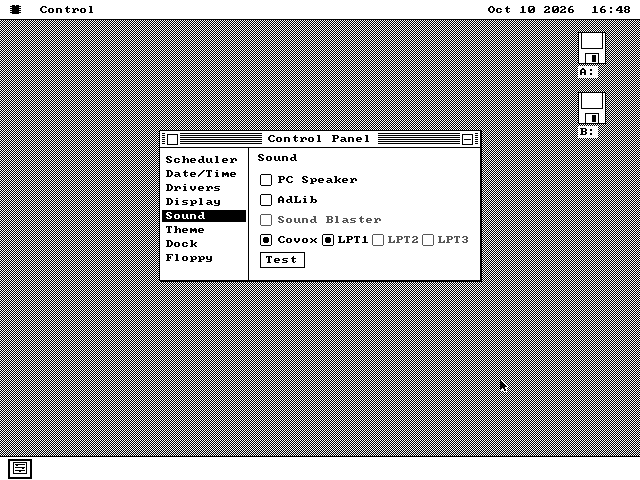 The Control Panel's Sound page. Four rows: PC Speaker, AdLib, Sound Blaster (greyed) and Covox, which is selected, with three small buttons after it: LPT1 selected, LPT2 and LPT3 greyed. A Test button sits underneath.