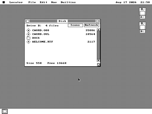 The os8088 file window open on drive B, listing CWORD.O88 at 35,886 bytes, CWORD.OVL at 18,564 bytes, a DOCS folder and WELCOME.RTF at 2,117 bytes.
