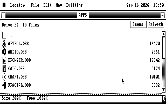 A CGA screen with the dock hidden and a file window named APPS zoomed to the bottom edge, listing six files.