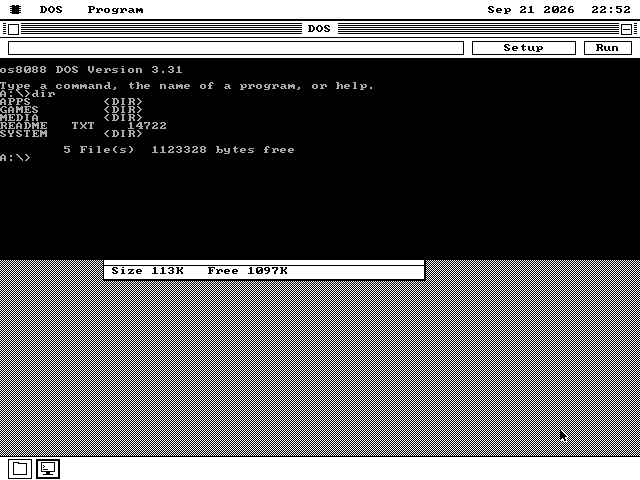 The DOS box open on the os8088 desktop, its console showing os8088 DOS Version 3.31 and the result of a DIR command listing APPS, GAMES, MEDIA, README.TXT and SYSTEM.