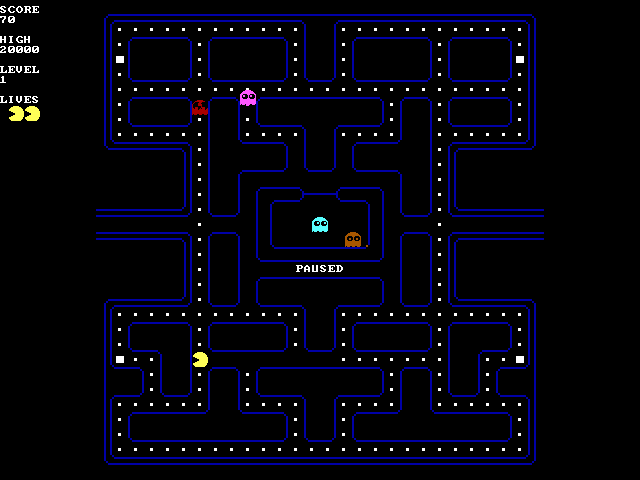 Dot Delirium filling the screen: a blue maze on black with white dots, Smiles in yellow at the lower left, four ghosts, and the word PAUSED, with the score, high score, level and lives in a column at the left.