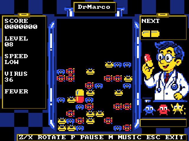 DrMarco full screen on VGA: a bottle of red, yellow and blue viruses with a landed capsule, the score and level on the left, and the doctor, the next capsule and three germs on the right.