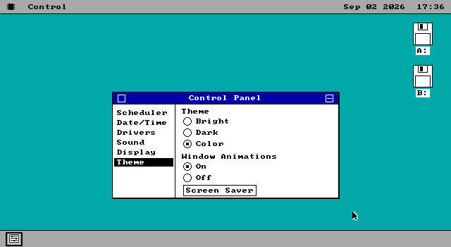 The os8088 desktop on an EGA card at 640x350 in the colour theme, with a teal desktop and a Control Panel window open.