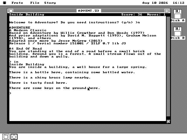 Colossal Cave Adventure open on os8088. The player enters a small brick building and finds a bottle of water, a brass lamp, food and keys.