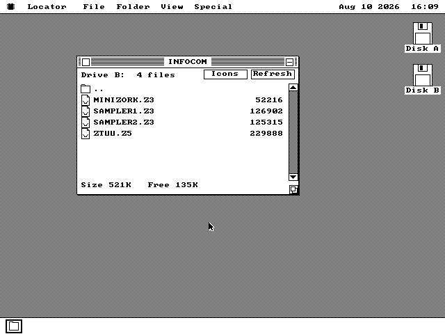 The INFOCOM folder open on the os8088 desktop, showing Mini-Zork I, two Infocom sampler disks and Zork: The Undiscovered Underground.