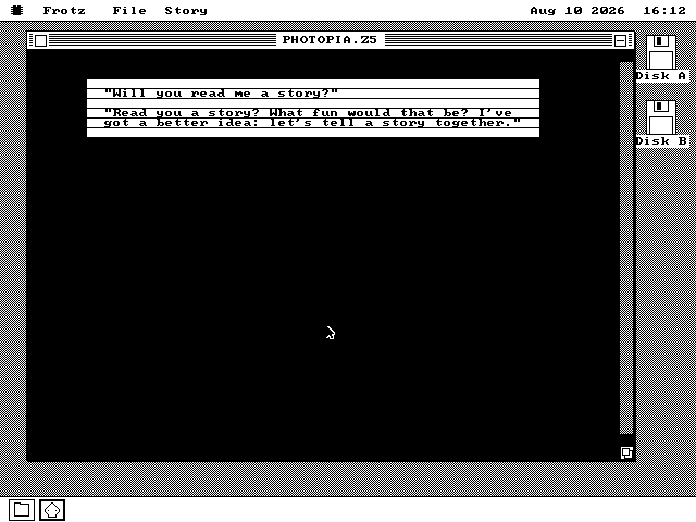Photopia open on os8088. Against a dark screen, one character asks for a story and another suggests they tell one together.
