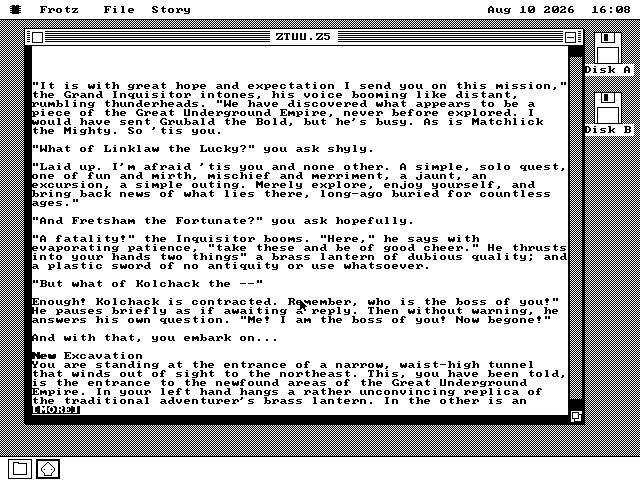 Zork: The Undiscovered Underground open on os8088. The Grand Inquisitor sends the player into the Great Underground Empire, and a MORE prompt pauses the long introduction.