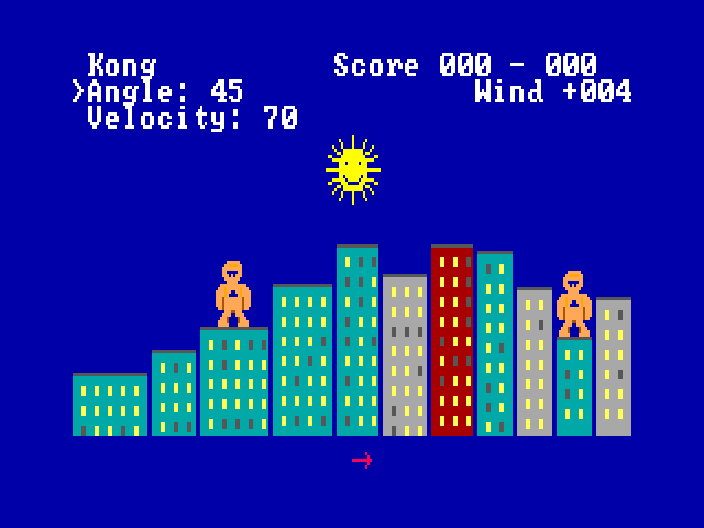 Gorillas full screen: a yellow sun over a skyline of teal, grey and red buildings on a dark blue sky, an orange gorilla on a roof at each end, and the angle, velocity, wind and score at the top.