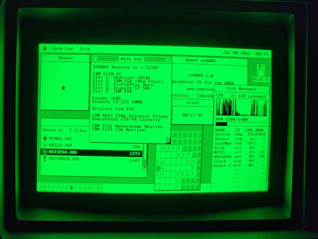 A green phosphor monitor filling the frame. The os8088 desktop carries a Bounce window, a Note Pad typed with the machine's card list, an About os8088 box reading Hercules 720x348, a Clock at 00:11:45, a Task Manager reading CPU 3% and RAM 150K of 640K, a Minesweeper board and a Disk window listing MINES.O88, HELLO.O88, NOTEPAD.O88 and RECORDER.O88.
