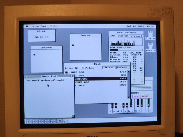 A CRT filling the frame, showing the os8088 desktop at 640x480. A Clock reads 00:02:16, two Bounce windows each hold a black square, a Task Manager reads CPU 63% and RAM 151K of 639K, a Disk window lists five files with NOTEPAD.O88 highlighted, a Note Pad reads The most notey of pads, and a Piano keyboard is partly hidden behind them. Seven tiles fill the dock.