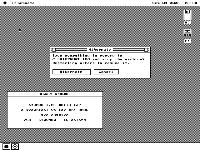 The os8088 desktop with a Hibernate window asking whether to save everything in memory to drive C and stop the machine.