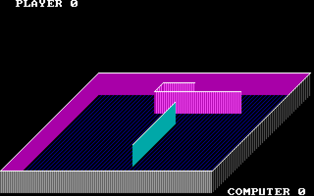 isoTron full screen: the same slab larger, with a cyan wall running diagonally from the front and a long magenta wall across the back, PLAYER 0 at the top and COMPUTER 0 at the bottom right.