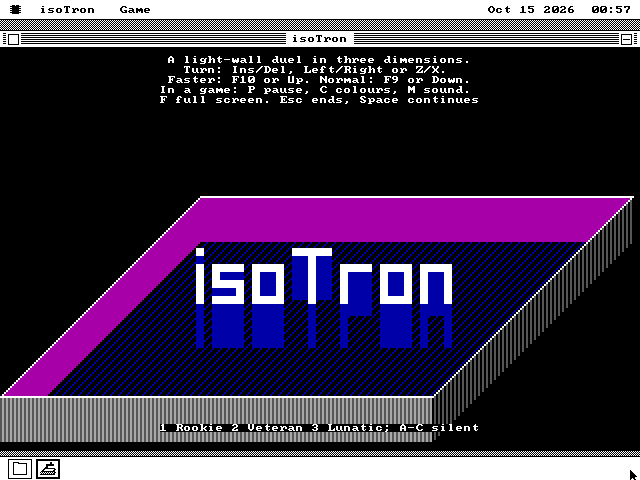 The isoTron window showing its title: the word isoTron in raised white and blue block letters standing on the slab, five lines of keys above it, and 1 Rookie, 2 Veteran, 3 Lunatic; A-C silent along the bottom.