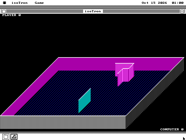 The isoTron window on VGA: a raised slab in 3D with a magenta rim and a blue floor, a short cyan wall rising at the front and a magenta wall with a corner near the back.