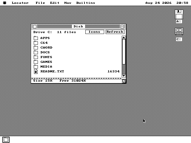Drive C open on the os8088 desktop after booting from a USB stick, listing every program folder and 31,024K free.