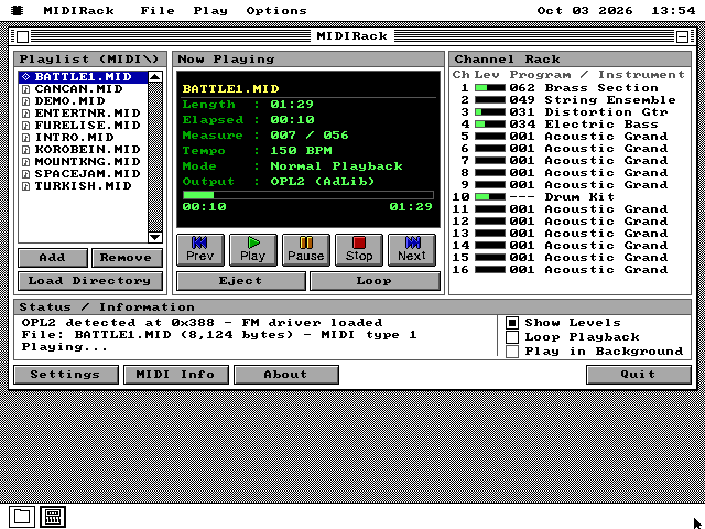 The MIDIRack window on VGA playing BATTLE1.MID through an AdLib: a playlist of ten songs, a black Now Playing display at 00:10 of 01:29, coloured transport buttons, and a channel rack of sixteen instruments with green level bars.