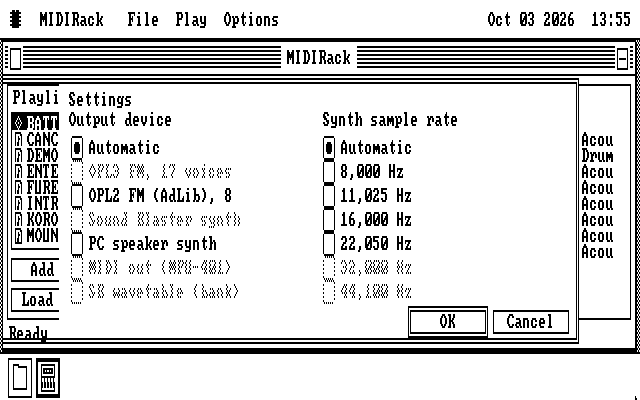 The Settings dialog on CGA. Under Output device: Automatic selected, then OPL3 FM 17 voices greyed, OPL2 FM (AdLib) 8, Sound Blaster synth greyed, PC speaker synth, MIDI out (MPU-401) greyed and SB wavetable (bank) greyed. Under Synth sample rate: Automatic selected, then 8,000, 11,025, 16,000 and 22,050 Hz, with 32,000 and 44,100 Hz greyed. OK and Cancel buttons.