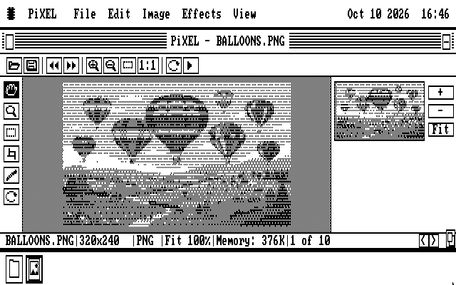 PiXEL in black and white on a CGA screen. The toolbar is a row of small picture buttons with no captions, the balloons picture is dithered into dot patterns, and a single small Navigator panel sits at the right. The status bar reads BALLOONS.PNG, 320x240, PNG, Fit 100%, Memory 376K, 1 of 10.