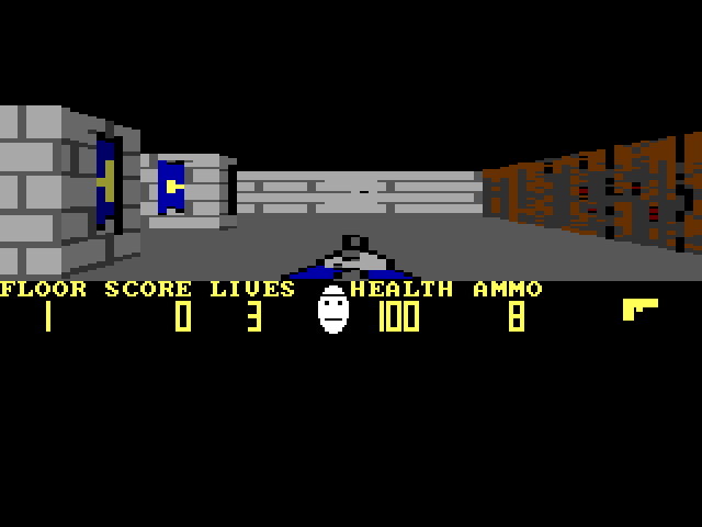 Pixelstein 3D full screen on VGA: a stone corridor with blue banners on the left, wood panelling on the right, the pistol at the bottom, and a yellow status bar reading FLOOR 1, SCORE 0, LIVES 3, HEALTH 100 and AMMO 8.