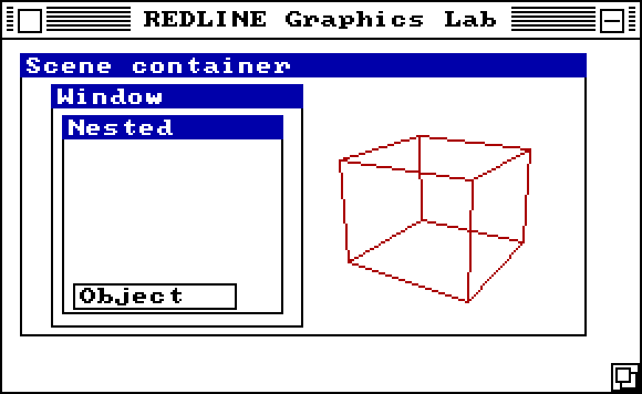 The Graphics Lab window, enlarged, holding a blue-titled Scene container with a Window inside it, a Nested window inside that with an Object button, and a red wireframe cube beside them.