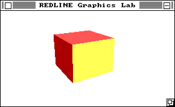 The Graphics Lab window, enlarged, showing a solid cube in perspective with a red face, a darker red face and a yellow face.