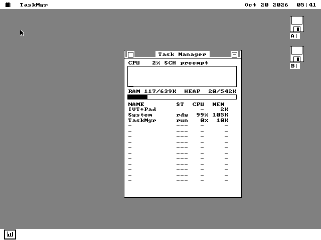 The os8088 Task Manager on a VGA screen. Its memory line reads RAM 117 of 639K, HEAP 20 of 542K. The System row uses 105K.