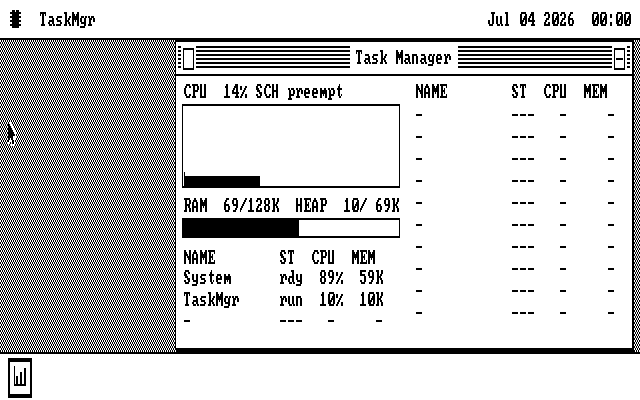 The os8088 Task Manager on a CGA screen of a 128KB IBM PC with the kernel ROM installed. Its memory line reads RAM 69 of 128K, HEAP 10 of 69K.