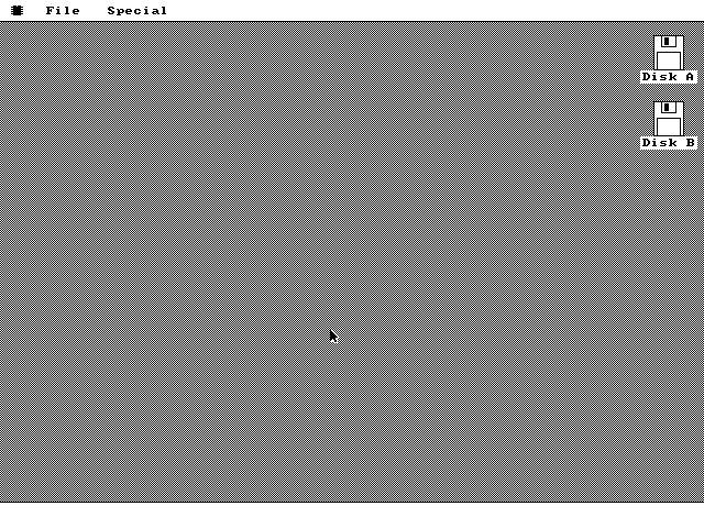 The os8088 desktop immediately after boot: a white menu bar carrying a small chip icon, File and Special; a checkerboard gray desktop below it; two floppy disk icons labelled Disk A and Disk B down the right edge; an arrow cursor near the middle; and an empty white dock strip along the bottom under a black rule.