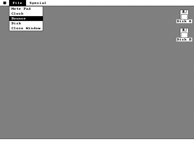 The File title in the menu bar drawn white on black, with a pull-down open beneath it listing Note Pad, Clock, Bounce, Disk and Close Window. Bounce is highlighted white on black under the pointer.