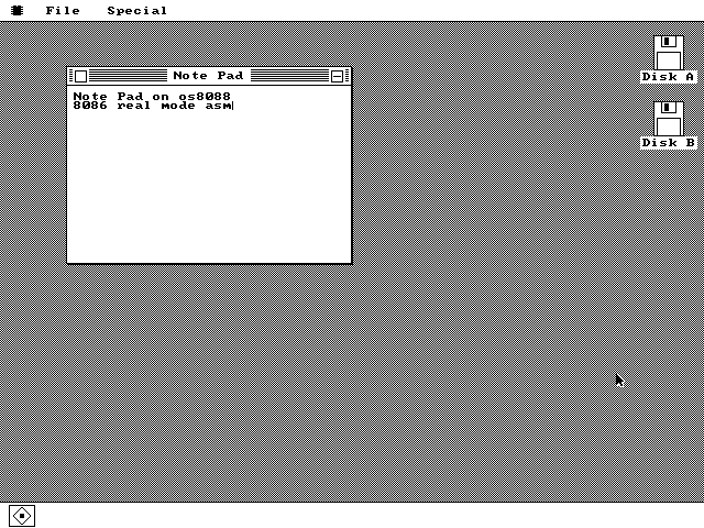 A Note Pad window with a striped title bar, a close box and a minimize box, containing two typed lines: Note Pad on os8088, and 8086 real mode asm, with a one-pixel caret after the last character. One tile sits in the dock.