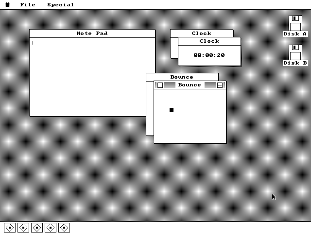 Five overlapping windows on the desktop: a wide empty Note Pad, two Clock windows offset from each other with the front one reading 00:00:20, and two Bounce windows with a small black square inside the front one. Five icon tiles fill the dock at the bottom left.
