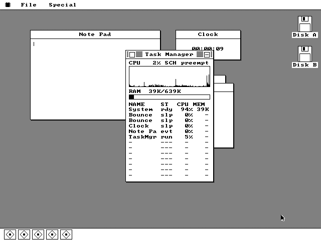 The Task Manager window showing a CPU percentage, a history graph swept across its full width, a RAM bar reading 39K of 639K, and a list of running instances with their state and CPU share.