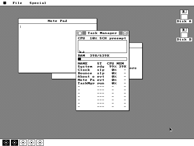 The Task Manager open over a Note Pad and a partly hidden About box, reading CPU 10% and listing System, Clock, Bounce, About o, Note Pa and TaskMgr. In the dock along the bottom five tiles sit side by side; the first two are drawn inverted, white icons on black, and the other three are black on white.