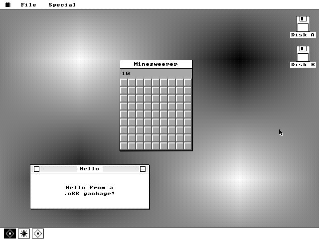 Two loaded programs open at once on the checkerboard desktop: a Minesweeper window with an untouched 9 by 9 grid of raised cells and a counter reading 10, and below it a smaller window titled Hello showing the text Hello from a .o88 package. Three small tiles sit in the dock at the bottom left, the first of them inverted to black.
