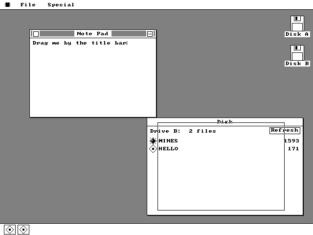 A Note Pad window at the top left reading Drag me by the title bar, still in place, while a hollow one-pixel rectangle the same size is drawn down and to the right across a Disk window listing MINES and HELLO. Two tiles sit in the dock at the bottom left.