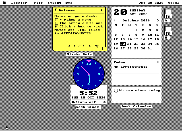 The three Sticky Apps after Arrange: the calendar in a column at the right edge, and to its left a second column with the yellow note at the top and the blue clock under it.