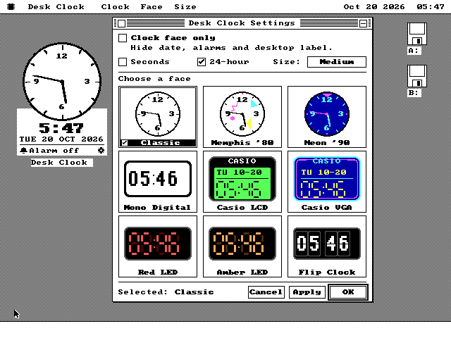 The Desk Clock Settings window beside the clock. Check boxes for Clock face only, Seconds and 24-hour, and a Size button reading Medium. Below, Choose a face shows nine small working clocks in a grid: Classic, which is selected, Memphis 80, Neon 90, Mono Digital, Casio LCD, Casio VGA, Red LED, Amber LED and Flip Clock. Cancel, Apply and OK are along the bottom.
