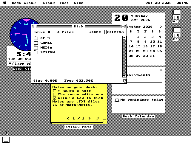 The os8088 desktop on VGA with a round blue clock, a yellow sticky note and a white October calendar on it, and a Disk window over part of all three.