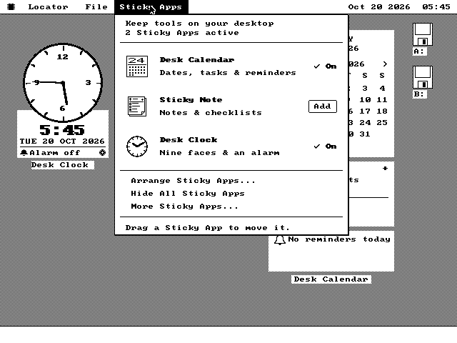 The Sticky Apps menu pulled down from the menu bar. Its header reads Keep tools on your desktop, 2 Sticky Apps active. Three rows follow, each with a picture, a name and a description: Desk Calendar, Dates, tasks and reminders, marked On; Sticky Note, Notes and checklists, with an Add button; Desk Clock, Nine faces and an alarm, marked On. Below are Arrange Sticky Apps, Hide All Sticky Apps and More Sticky Apps, and the hint Drag a Sticky App to move it.