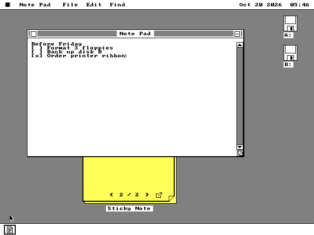 A Note Pad window open over the sticky note. It holds four lines of plain text: Before Friday, then three lines starting with square brackets: [ ] Format 3 floppies, [ ] Back up disk B, and [x] Order printer ribbon. The bottom of the yellow note shows below the window, on page 2 of 2.