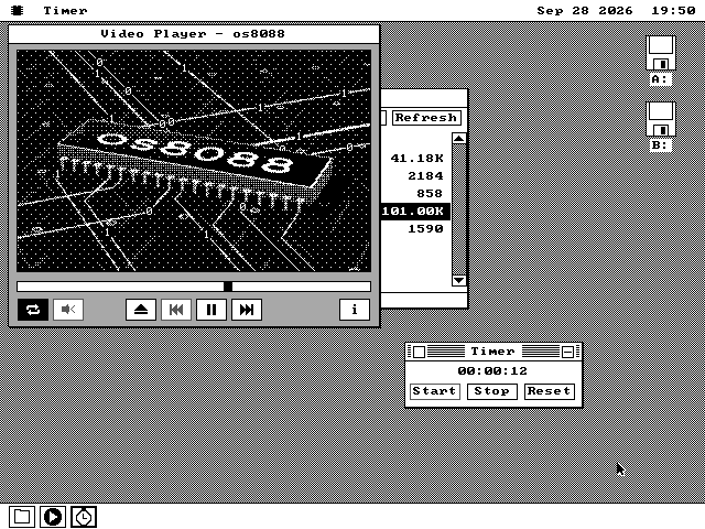 The os8088 desktop in black and white: a Video Player window showing a chip labelled os8088 on a circuit board, above a scrub bar and a row of buttons, with a Timer window running below it.