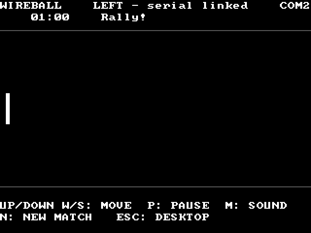 WireBall full screen, black with white lines: WIREBALL, LEFT - serial linked and COM2 across the top, 01:00 and Rally!, a white paddle at the left edge and no ball, and the keys along the bottom.