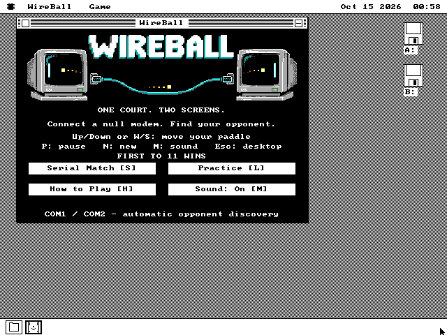 The WireBall window on VGA: the WIREBALL title over two drawn monitors joined by a cable, and buttons for Serial Match, Practice, How to Play and Sound.