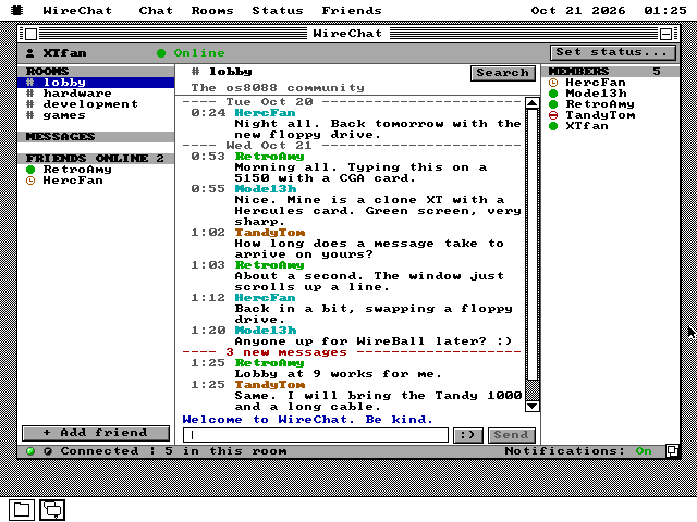 The lobby with a dashed line across the conversation reading 3 new messages in red. Below it, the first two of the three: RetroAmy and TandyTom arranging to meet at 9.
