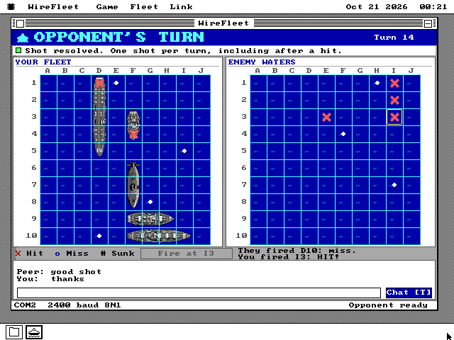 The WireFleet window on VGA: two 10 by 10 navy grids, your fleet of grey ships on the left and the enemy waters on the right, marked with red crosses for hits and white dots for misses, over a short chat log.