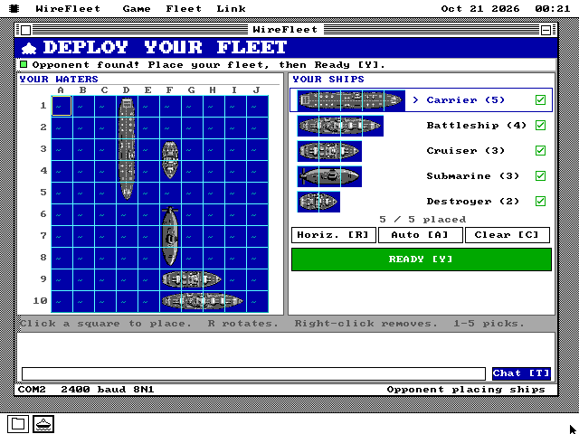 The WireFleet window with a navy banner reading DEPLOY YOUR FLEET and the line Opponent found! Place your fleet, then Ready [Y]. On the left, YOUR WATERS: a 10 by 10 navy grid with five grey ships placed. On the right, YOUR SHIPS: the carrier, battleship, cruiser, submarine and destroyer, each with a picture and a ticked box, 5 / 5 placed, the buttons Horiz. [R], Auto [A] and Clear [C], and a large green READY [Y] button.